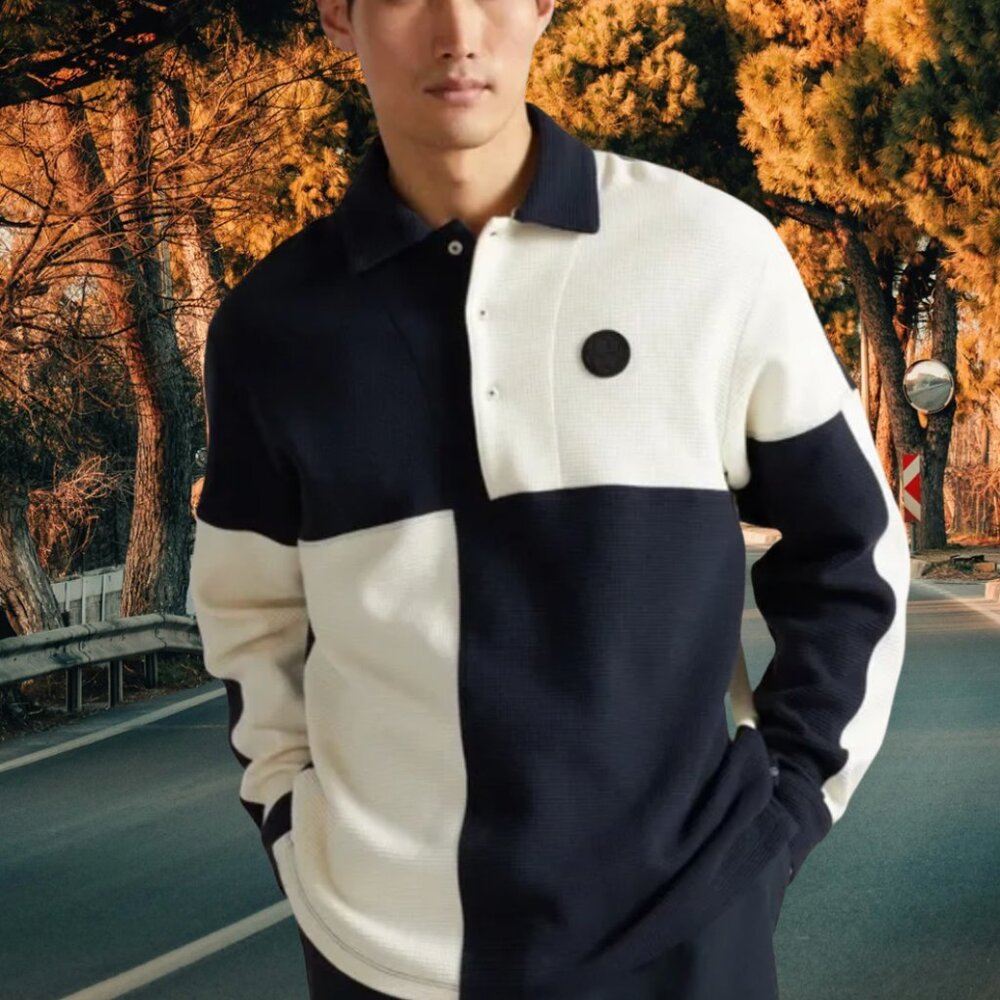 Ted Baker Wickam Color Block waffle sweater. Navy / White